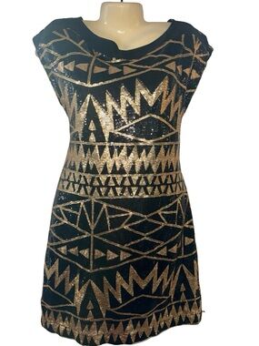 Black and Gold Sequin Tribal Shift Dress